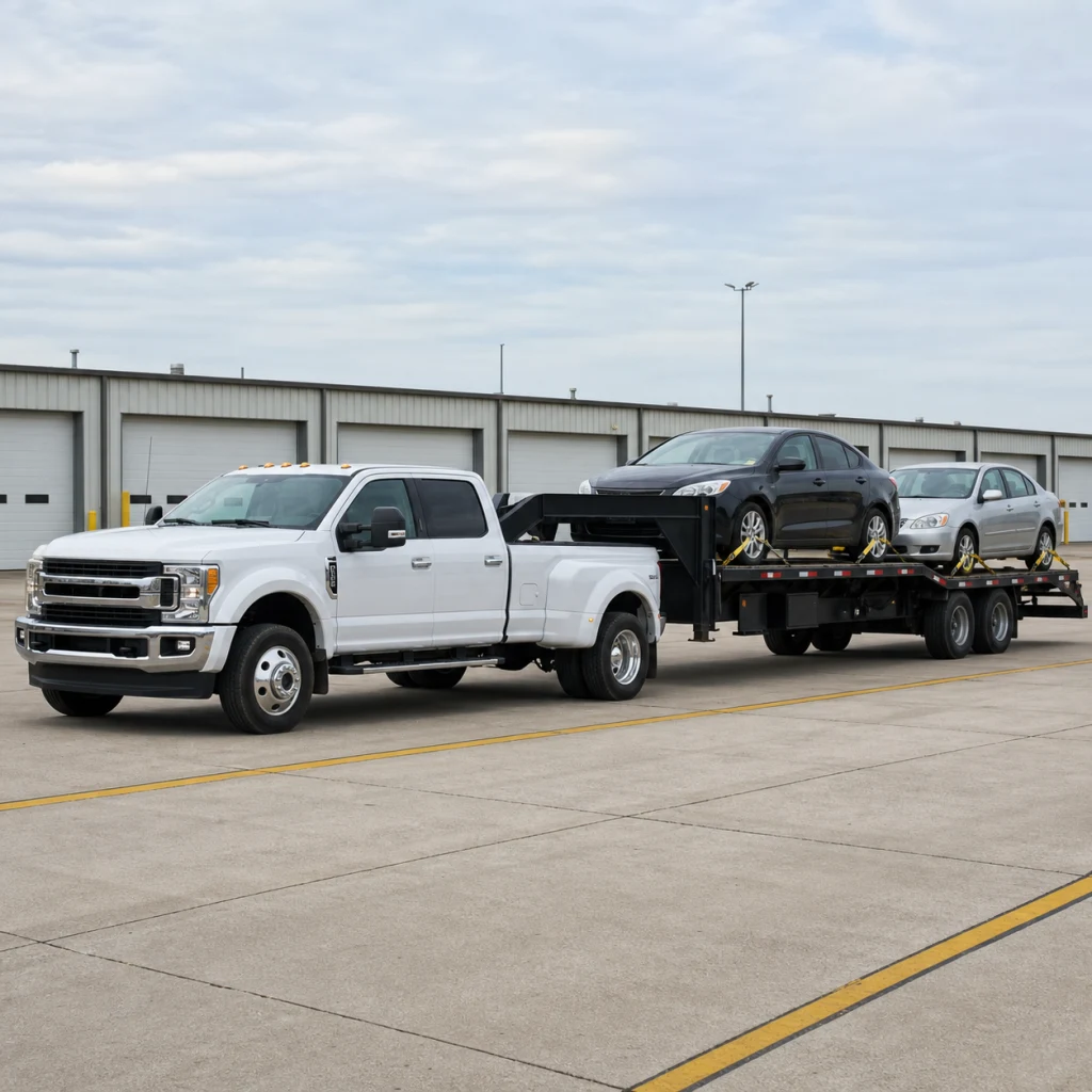 Heavy-duty dually pickup towing an open gooseneck car-hauler