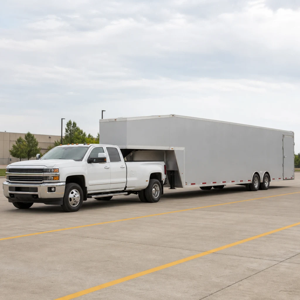 Heavy-duty dually pickup towing an enclosed gooseneck car-hauler