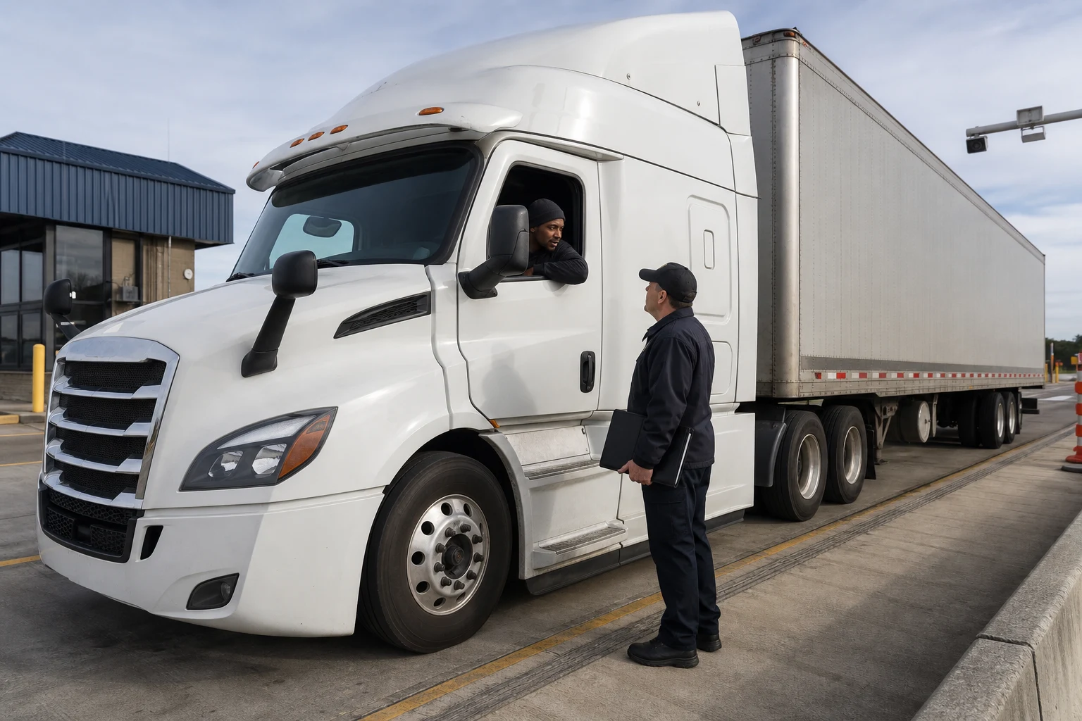 Conventional tractor with semi-trailer at a roadside inspection